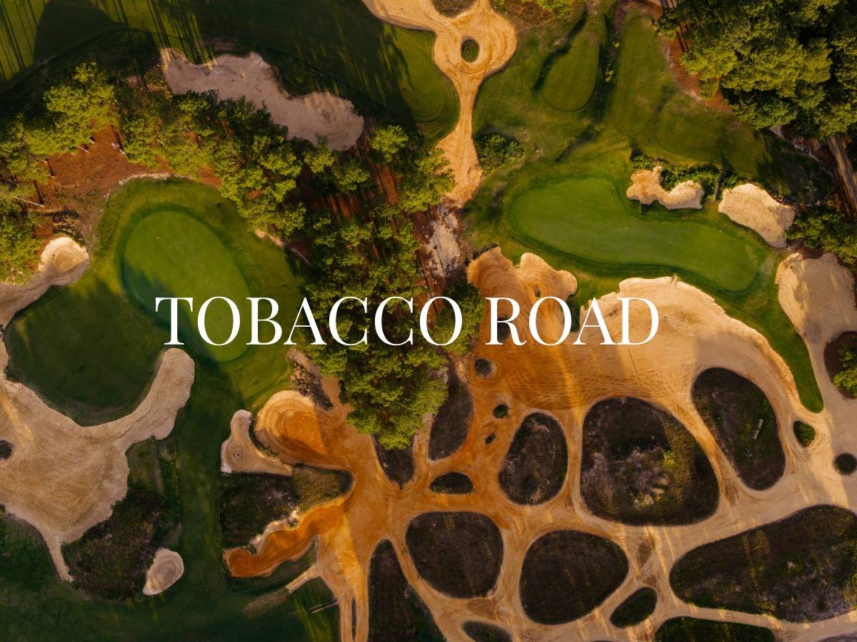 Tobacco Road website homepage: an aerial view of the course's sandy waste areas and greens under the Tobacco Road wordmark